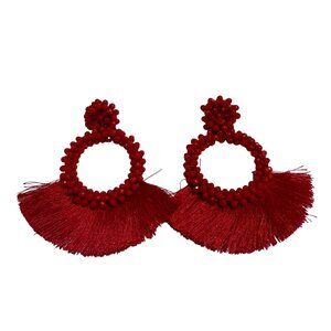 Beaded Hoop Statement Earrings With Tassels In Red  Large Womens Pre-Owned